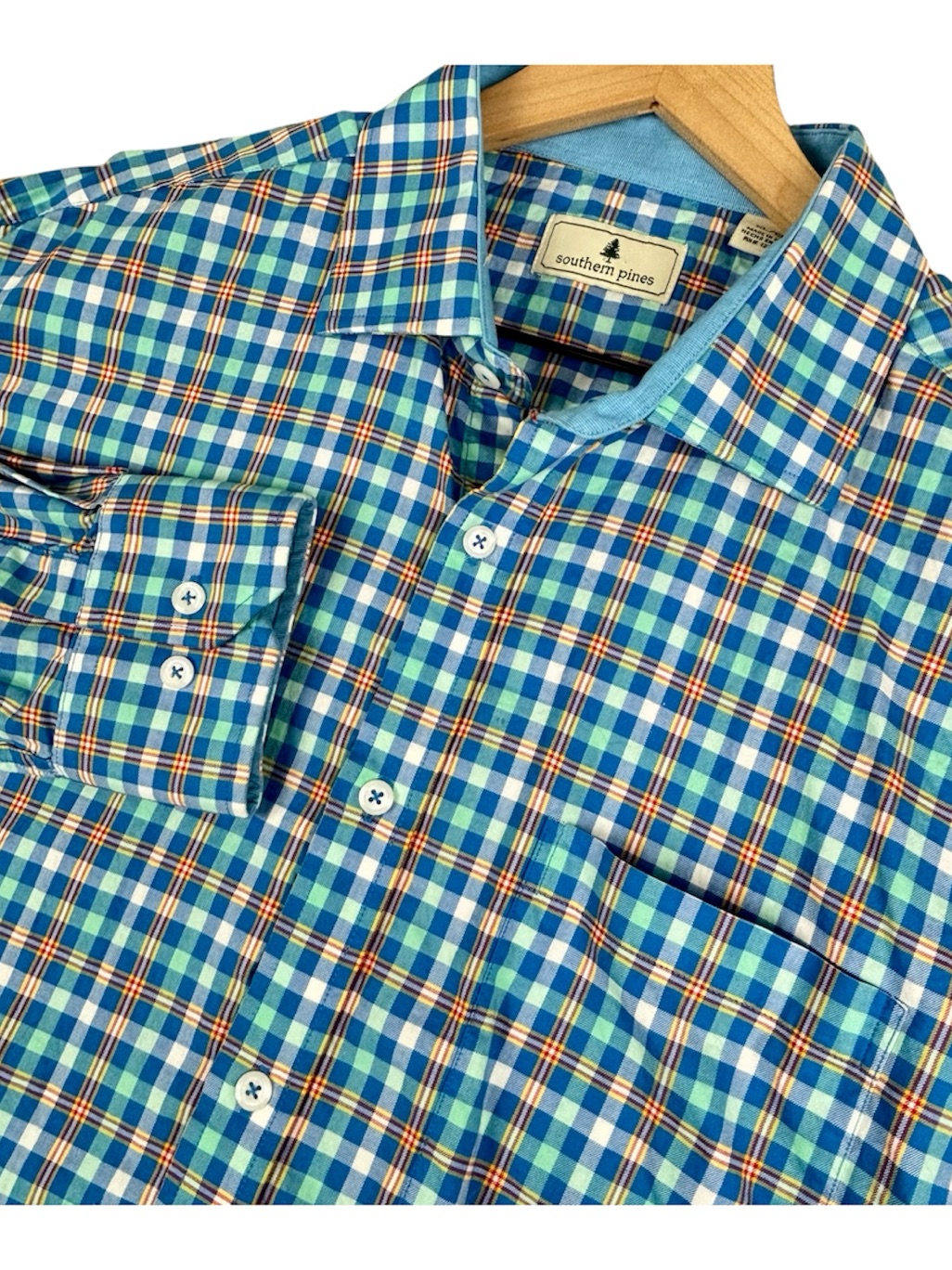 Southern Pines Shirt Mens Xl Blue Orange Check Plaid Preppy